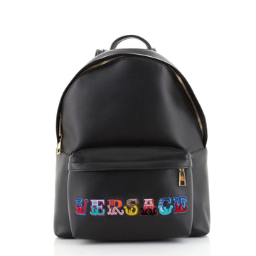 Versace Logo Front Pocket Backpack Embroidered Leather Large
