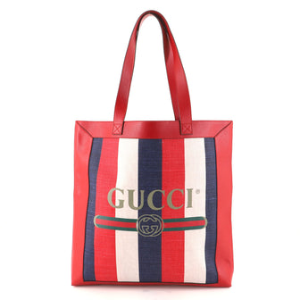 Gucci Logo Tote Striped Canvas and Leather Medium