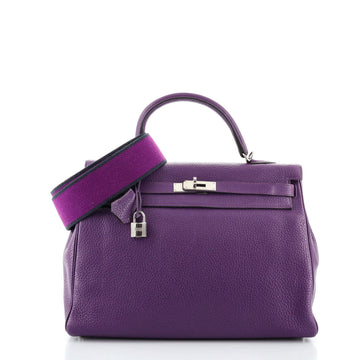 Hermes Kelly Handbag Purple Clemence with Palladium Hardware 35
