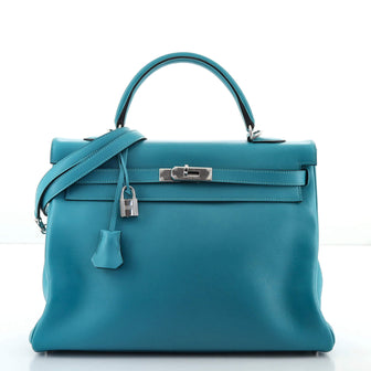 Hermes Kelly Handbag Blue Swift with Palladium Hardware 35