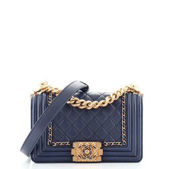 Chanel White And Navy Blue Small Boy Bag