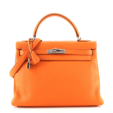 Hermes Kelly Handbag Orange Clemence with Palladium Hardware 32