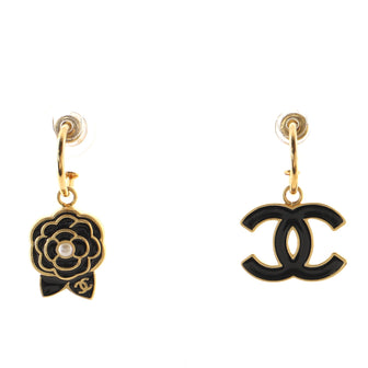 Chanel Mismatch CC Camellia Charm Hoop Earrings Metal with Enamel and Faux Pearl