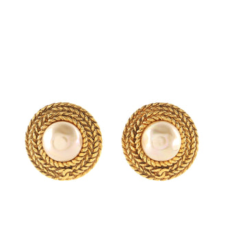 Chanel Vintage Round Chain Clip-On Earrings Metal with Faux Pearl