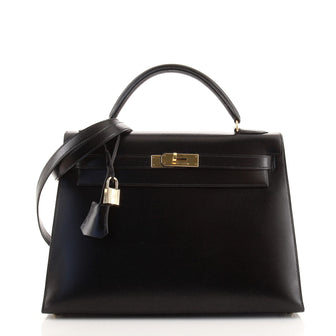 Hermes Kelly Handbag Black Box Calf with Gold Hardware 32
