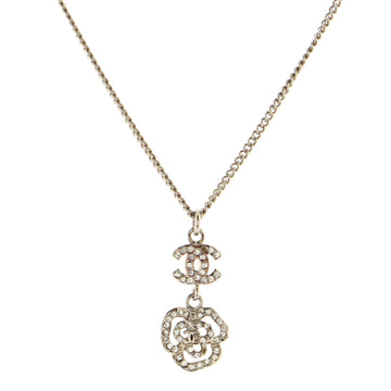 Chanel CC Dangling Camellia Pendant Necklace Crystal Embellished Metal