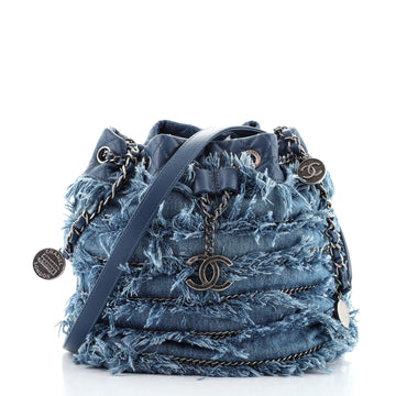 Chanel Drawstring Charm Bucket Bag Fringe Denim