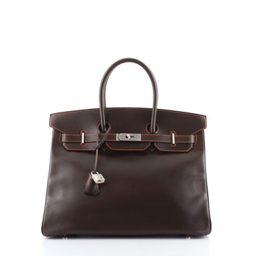 Hermes Birkin Handbag Bicolor Box Calf with Brushed Palladium Hardware 35
