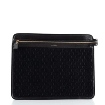Saint Laurent Front Zip Document Case Monogram All Over Suede Large