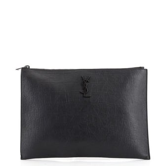 Saint Laurent Classic Monogram Zip Pouch Crocodile Embossed Leather Medium