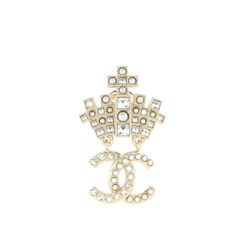 Chanel Geometric Cross CC Dangle Brooch Metal with Crystals and Faux Pearls