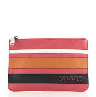 Prada Logo Zip Pouch Striped Saffiano Leather Medium