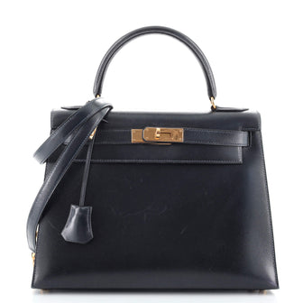 Hermes Kelly Handbag Blue Box Calf with Gold Hardware 28