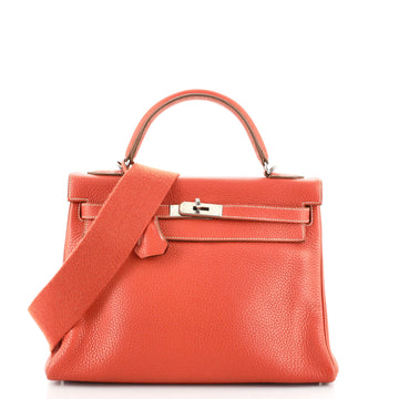 Hermes Kelly Handbag Red Clemence with Palladium Hardware 32