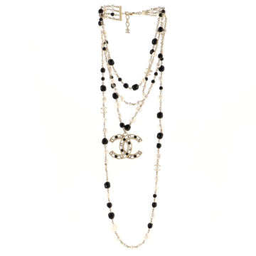 Chanel Multi Strand CC Necklace Crystal Embellished Metal with Faux Pearls and Beads