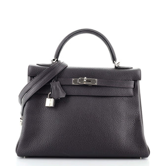 Hermes Kelly Handbag Grey Clemence with Palladium Hardware 32