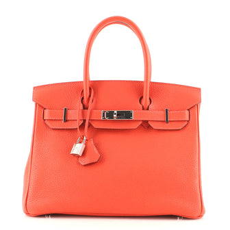 Hermes Birkin Handbag Red Clemence with Palladium Hardware 30