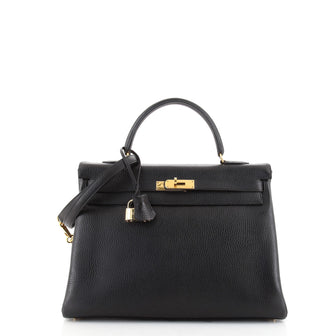 Hermes Kelly Handbag Black Ardennes with Gold Hardware 35
