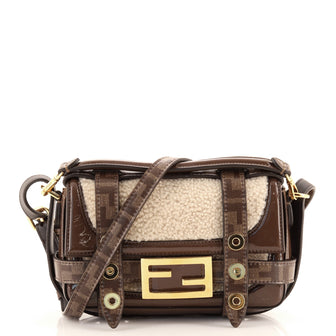Fendi Baguette Cage Bag Shearling with Patent and Zucca Coated Canvas Mini