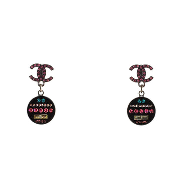 Chanel CC Round Drop Stud Earrings Metal and Resin with Multicolor Crystals