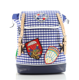 Gucci Children's Drawstring Flap Backpack Gingham with Leather and Applique