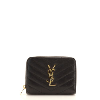 Saint Laurent Classic Monogram Zip Around Wallet Matelasse Chevron Leather Compact
