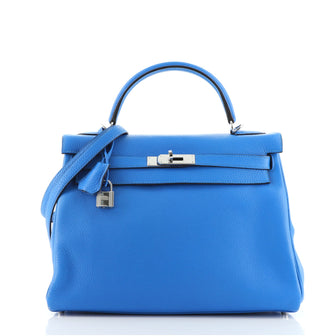 Hermes Kelly Handbag Blue Clemence with Palladium Hardware 32
