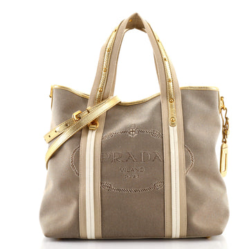Prada Logo Convertible Tote Canvas with Studded Leather Large