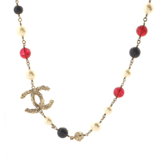 Chanel Long CC Necklace Faux Pearl with Beads and Crystal Embellished Metal