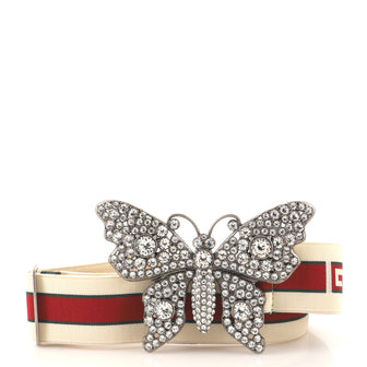 Gucci Butterfly Web Logo Belt Elastic with Metal and Crystals Wide