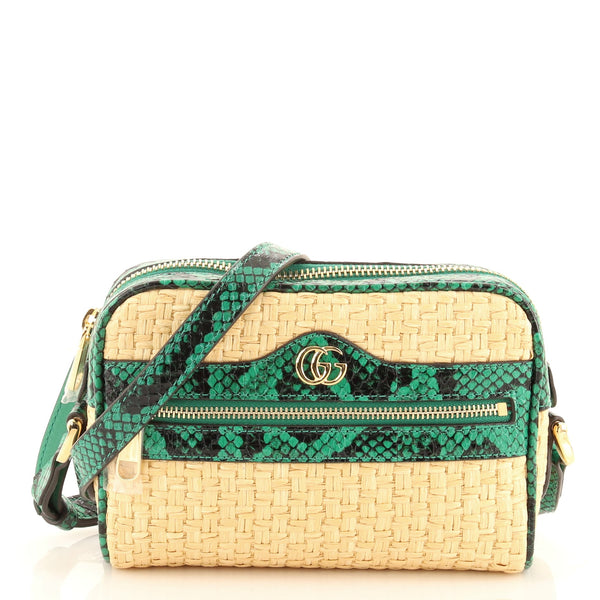 Gucci Ophidia Shoulder Bag Raffia with Snakeskin Mini Green 897761