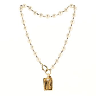 Chanel Vintage Single Strand Dog Tag Pendant Necklace Metal and Faux Pearls