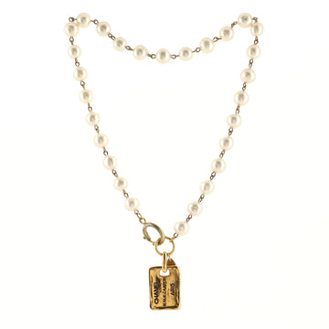 Chanel Vintage Single Strand Dog Tag Pendant Necklace Metal and Faux Pearls