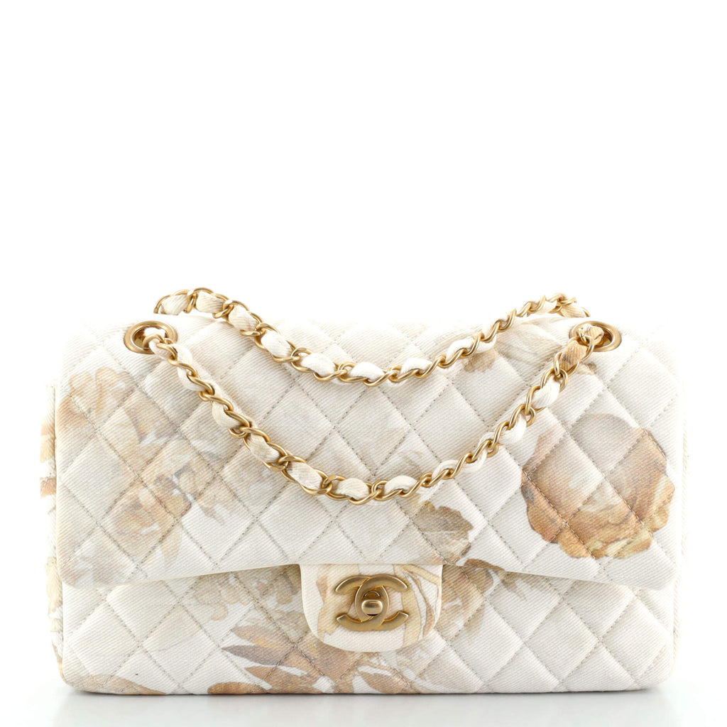 Chanel Classic Double Flap Bag Floral Print Quilted Denim Medium Neutral  90037361