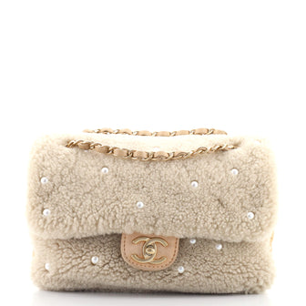 Chanel CC Chain Flap Bag Pearl Embellished Shearling Medium