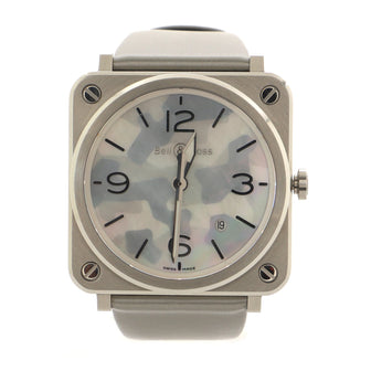 Bell & Ross S Grey Camouflage Quartz Watch Stainless Steel and Satin Leather with Mother of Pearl 39