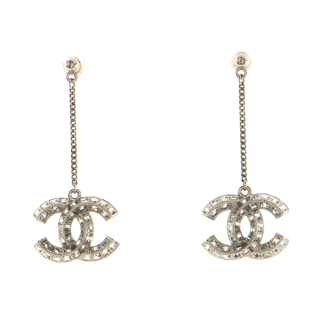 Chanel CC Drop Earrings Metal with Crystals Silver 904752