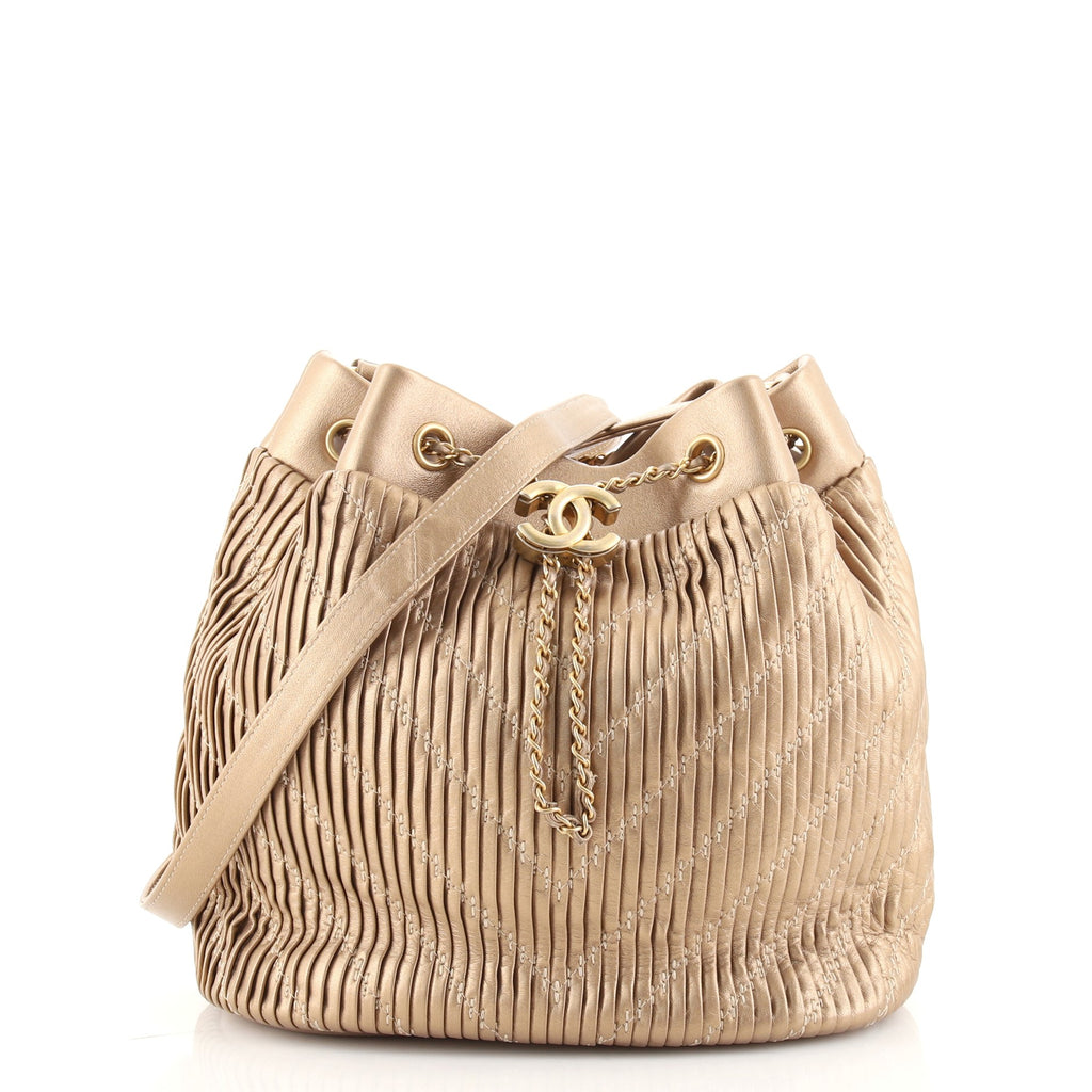 Chanel Coco Pleats Drawstring Bag Pleated Crumpled Calfskin Medium Gold  16275110