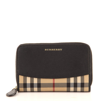 Burberry Marston Zip Around Organizer Wallet Leather with Horseferry Check Canvas