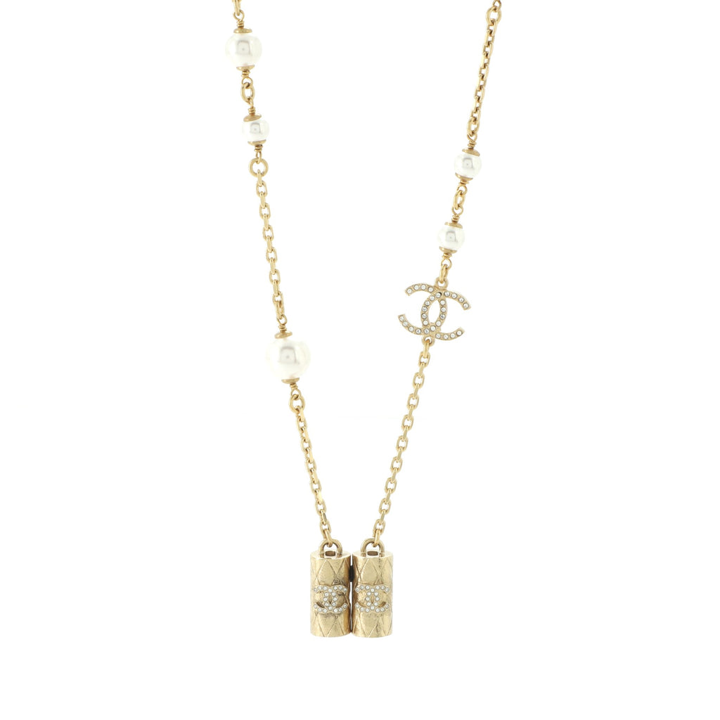 Chanel Airpods Necklace Crystal Embellished Metal with Faux Pearls