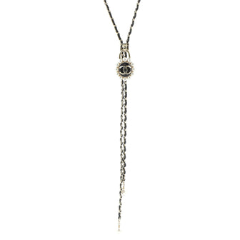 Chanel CC Dangling Chain Necklace Metal with Leather and Faux Pearls