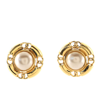 Chanel Vintage Round CC Clip-On Earrings Metal with Faux Pearl