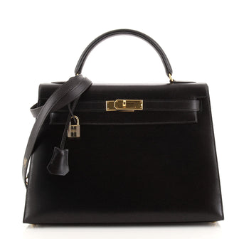 Hermes Kelly Handbag Black Box Calf with Gold Hardware 32