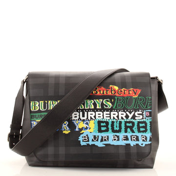 Burberry Graffiti Flap Messenger Bag Smoked Check Coated Canvas Large