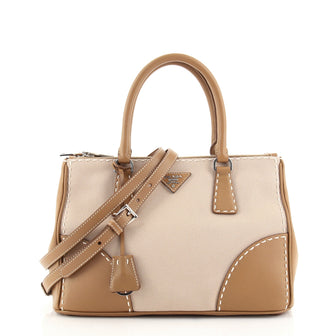 Prada Double Zip Convertible Tote Stitched City Calf and Canvas Small