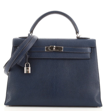 Hermes Kelly Handbag Blue Chevre de Coromandel with Palladium Hardware 32