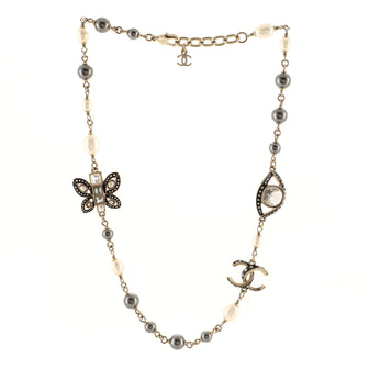 Chanel CC Butterfly Motif Long Necklace Metal and Faux Pearls