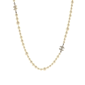 Chanel CC Single Strand Long Necklace Faux Pearls and Crystals