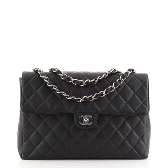 Chanel Vintage Square Classic Single Flap Bag Quilted Caviar Jumbo
