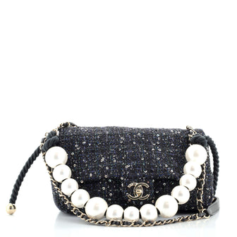 Chanel Pearl Handle Flap Bag Quilted Tweed Medium Black 914161